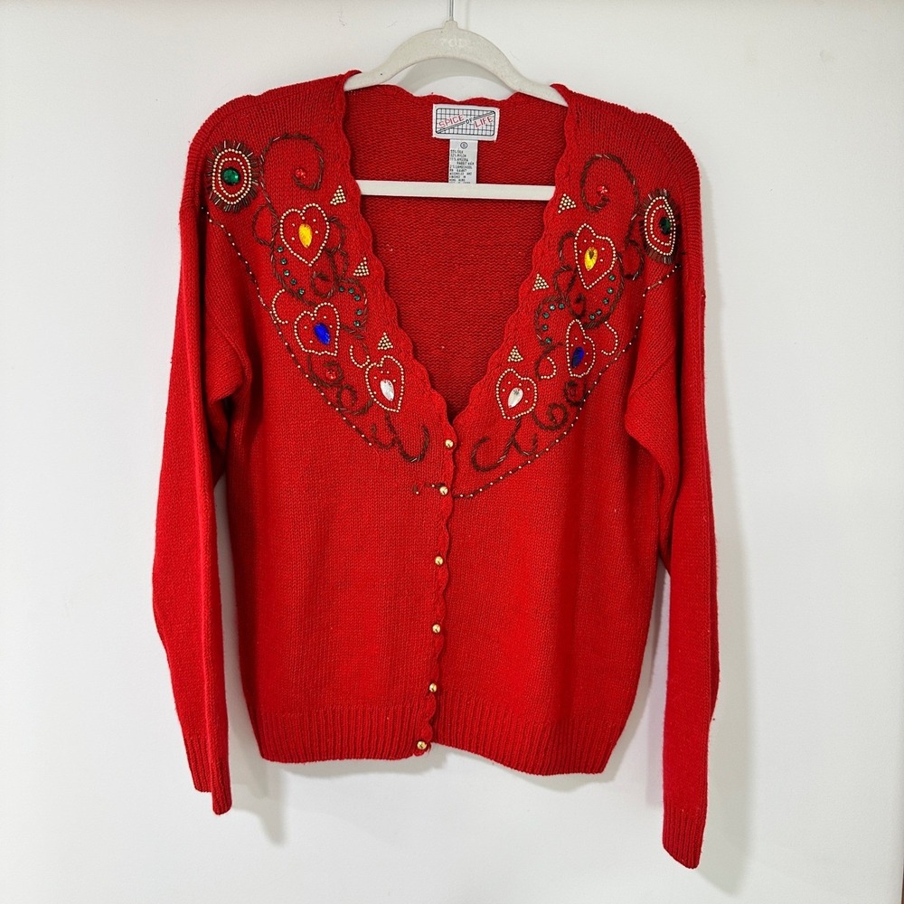 Spice of Life Beaded Heart Cardigan Women Small Red Silk Angora Blend Grannycore